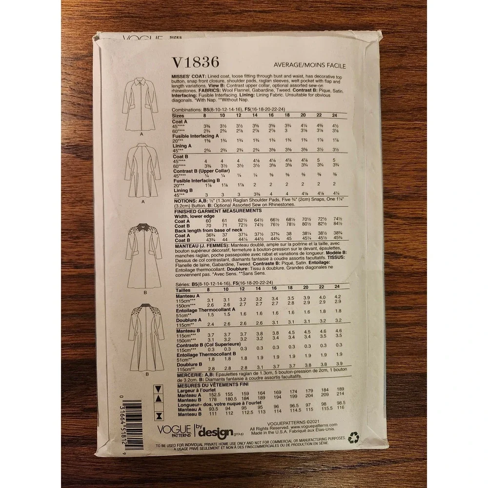 Vogue V1836 Misses Coat Sewing Pattern Lined Raglan Sleeve Size 8-16 Uncut